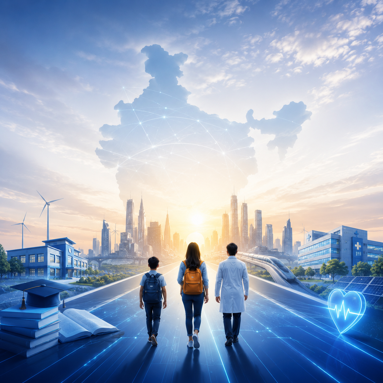 Families walking toward a connected Bharat — education, healthcare, and AI-powered future across India